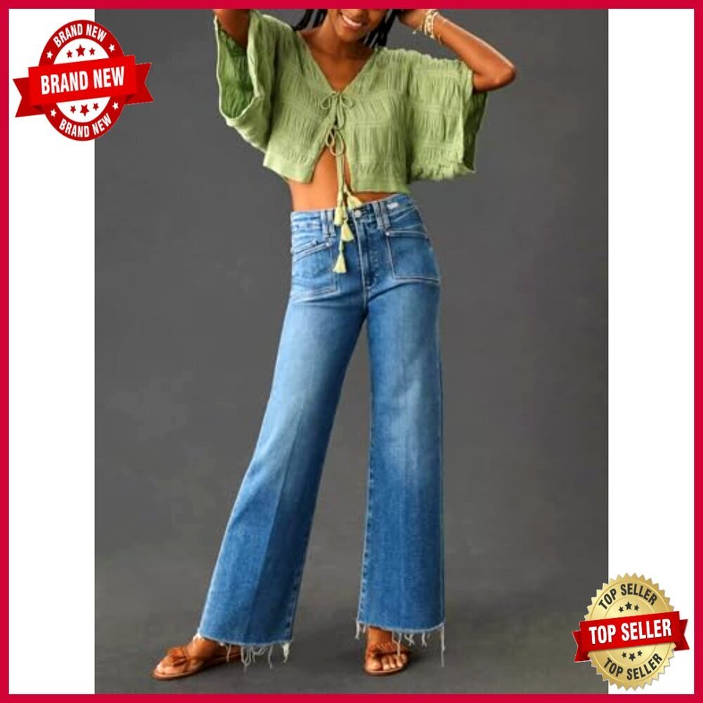 Women's High Waist Wide Leg Stretch Jeans Straight Fit Casual Pants - Picture 3 of 6